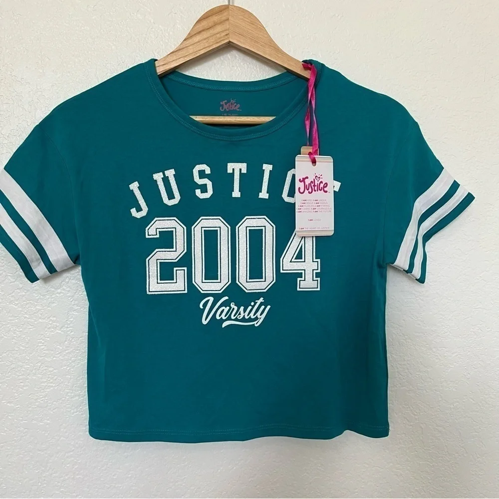 Girls Justice boxy crop tee/ teal/ white glitter letter SZ 7/8 NWT